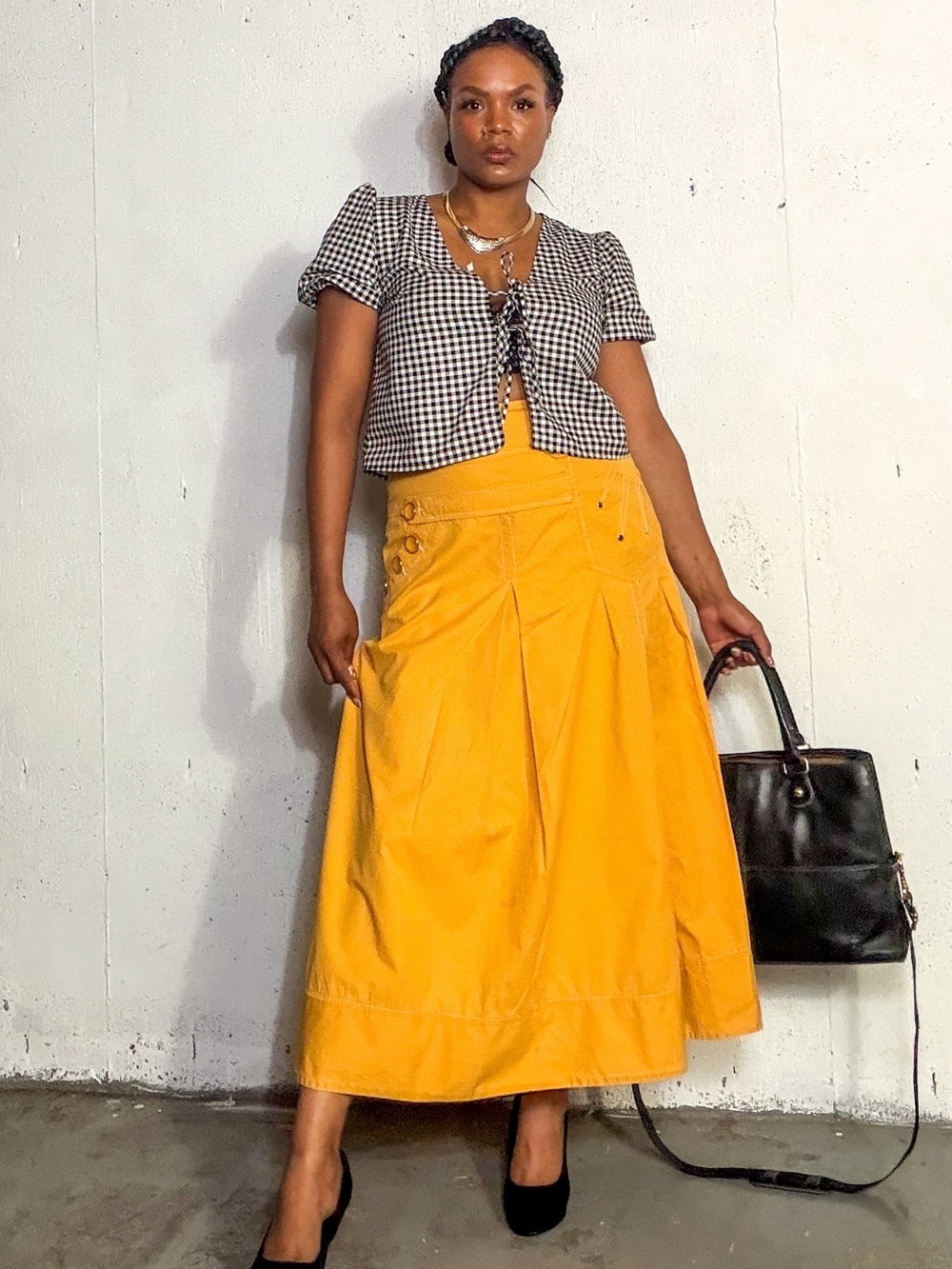 Vintage Cotton Bright Yellow Maxi Skirt with Button Detail, 42 fits L